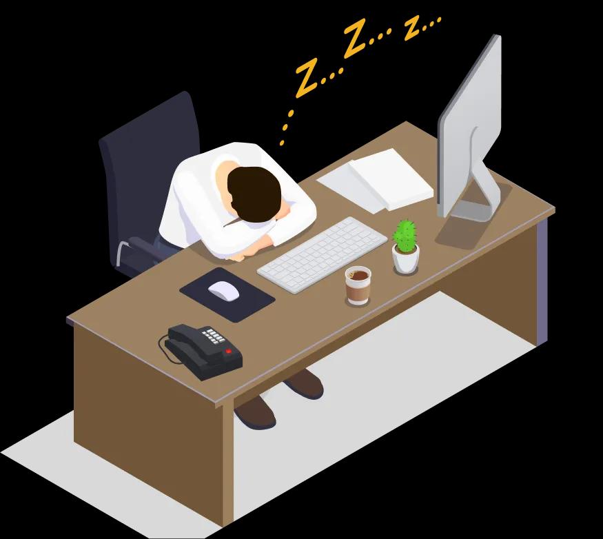 デスクで眠る男性のイラスト。BITSLEEPで周辺の休憩場所をマップから探す。